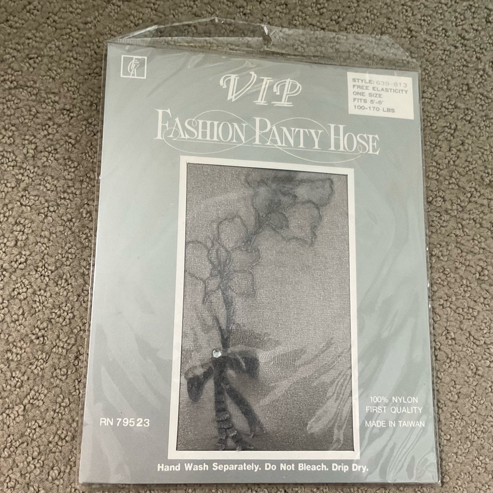 Vintage VIP Sheer Black Panty Hose with Floral Design One Size